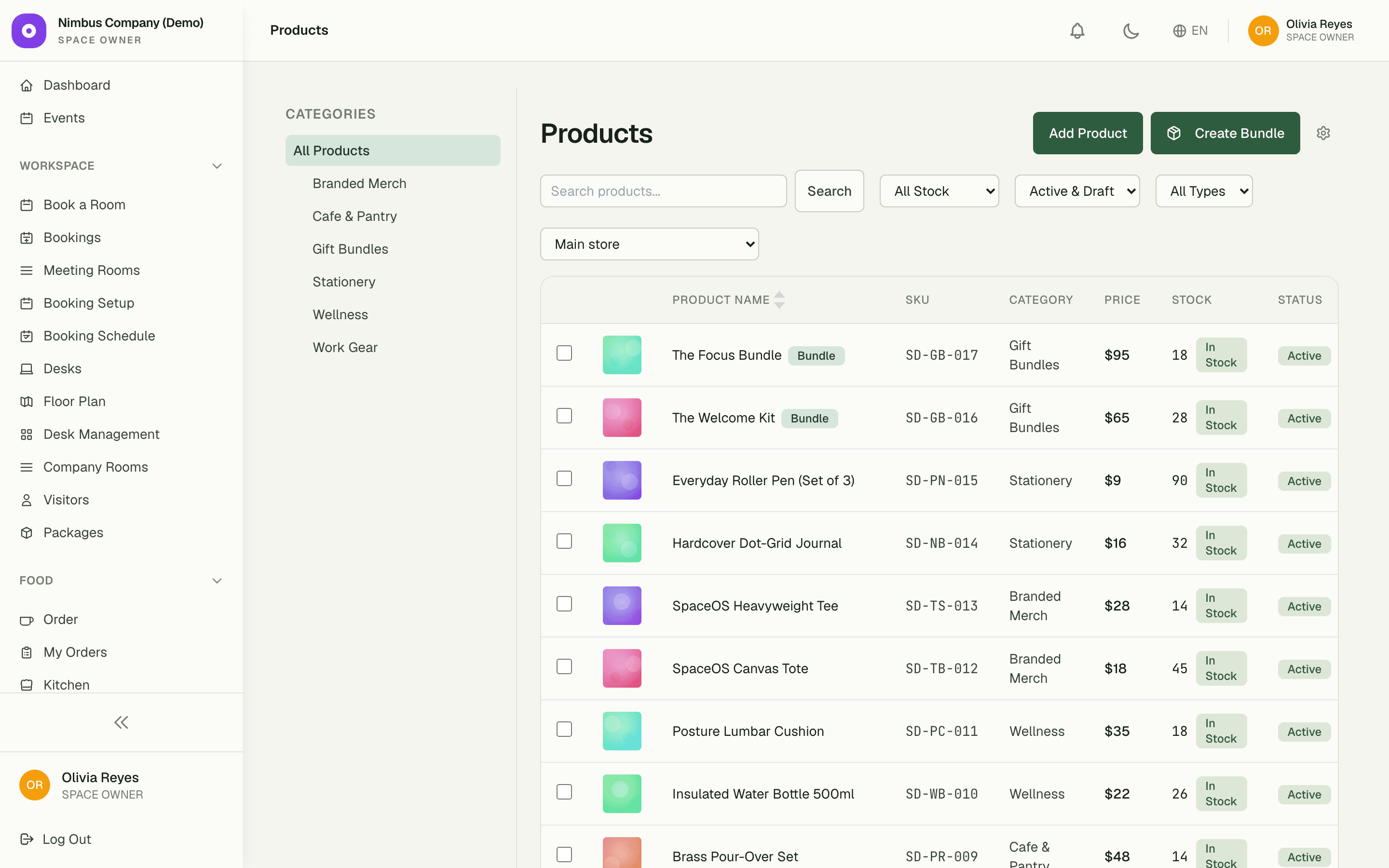 Inventory product list with stock levels and variants